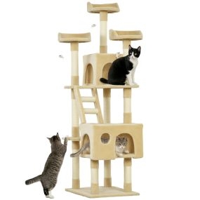 Rascador árbol para gatos grande 60x50x181 cm beige con plataformas escaleras cuevas y juguetes