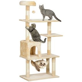 Árbol rascador para gatos grande 70x40x152 cm beige con plataformas cueva y hamaca