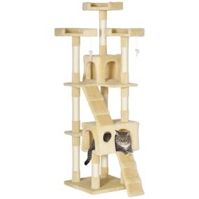 Árbol rascador para gatos 173 cm beige con 2 cuevas, 3 camas, 2 rampas y postes de sisal
