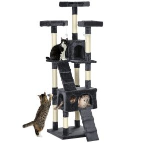 Árbol rascador para gatos 173 cm con 2 cuevas, 3 camas, 2 rampas y postes de sisal gris oscuro