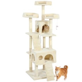 Árbol rascador para gatos 153 cm con 2 cuevas, 3 camas, 2 rampas, sisal, crema