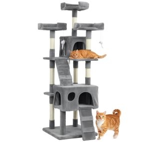 Árbol rascador para gatos 153 cm con 2 cuevas, 3 camas, 2 rampas, postes de sisal, gris