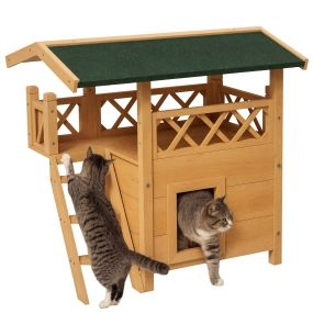 Casa para gatos de madera 77x50x73 cm de 2 niveles con techo asfáltico, escalera y balcón para exterior natural