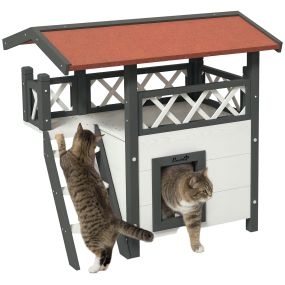 Casa para gatos de madera 77x50x73 cm de 2 niveles con techo asfáltico, escalera y balcón blanca