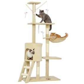 Árbol rascador para gatos grande 134 cm con 6 postes de sisal, 3 plataformas, cueva, hamaca, escalera y 4 juguetes colgantes beige