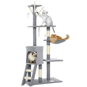 Árbol Rascador para Gatos Grande, Árbol para Gatos, Altura 134 cm, Torre de Escalada con 6 Postes de Sisal, 3 Plataformas, 1 Cueva, 1 Hamaca, 1 Escalera, 4 Juguetes Colgantes, Gris