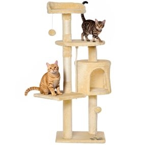Árbol rascador para gatos grande con plataformas, casetas y bolas de juego 114 cm beige