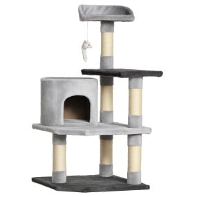 Árbol rascador para gatos grande 48x48x100 cm con plataformas, casetas y felpa gris