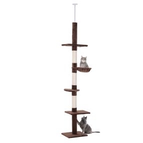 Árbol rascador para gatos de suelo a techo 230-260 cm ajustable con 5 plataformas hamaca y sisal marrón