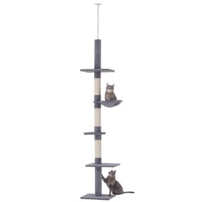 Árbol rascador para gatos de suelo a techo 230-260 cm ajustable gris con 5 plataformas y hamaca
