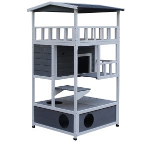 Casa para gatos de madera 75,5x75x137 cm con techo asfáltico y plataformas gris