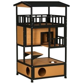Casa para gatos de madera 75,5x75x137 cm con techo asfáltico y plataformas interior y exterior natural