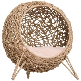 Cama cueva de ratán para gatos o mascotas pequeñas con base trípode y cojín de felpa Φ52x58 cm madera natural