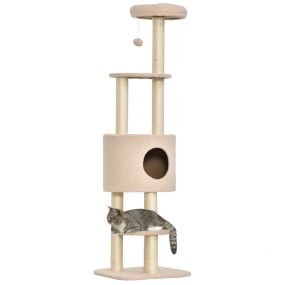 Árbol rascador para gatos 148 cm con postes de sisal 3 plataformas casita y bola colgante beige