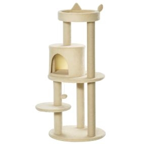 Árbol rascador para gatos 104 cm con plataformas, refugio, postes de sisal y bola colgante crema