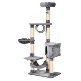 Árbol rascador para gatos 154 cm con plataformas túnel hamaca y postes de sisal gris