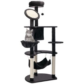 Árbol rascador para gatos grande 65x50x153 cm con plataformas, poste, hamaca, bolas y cueva gris oscuro