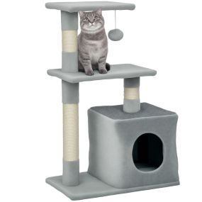 Árbol rascador para gatos 81,5 cm con postes de sisal, 2 plataformas, cueva y bola colgante gris