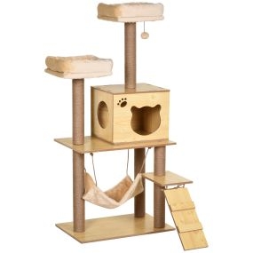 Árbol rascador para gatos 130 cm con postes de yute 2 camas hamaca cueva bola colgante y rampa natural