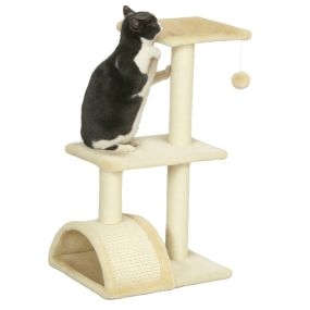 Rascador para gatos de 72 cm con postes de sisal, plataformas y bola colgante, crema