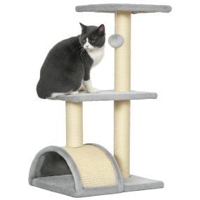 Árbol rascador para gatos mediano de 3 niveles con 2 plataformas, sisal y bola colgante, gris claro