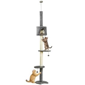 Árbol rascador para gatos fijable al techo 255 cm con plataformas, cueva, postes de sisal y bolas colgantes gris claro