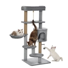 Árbol rascador para gatos 120 cm con plataformas, cueva, hamaca y postes de yute gris