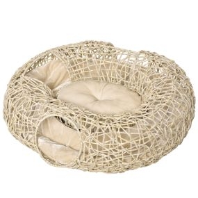 Cama para gatos de ratán 78x69x22 cm con cojín suave y 3 orificios de acceso
