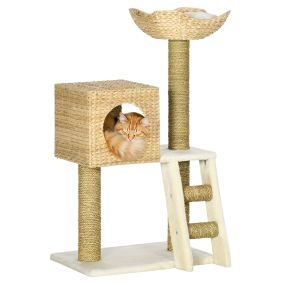 Árbol rascador para gatos medianos 100,5 cm con cama superior, cueva, 2 cojines y 2 postes natural