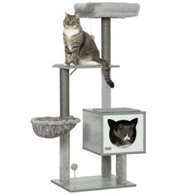 Árbol rascador para gatos 126 cm con plataformas, hamaca, cueva, cama, sisal y cojines lavables gris