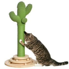 Poste rascador para gatos cactus pequeño con sisal felpa pelota colgante base de madera 32x32x60 cm verde