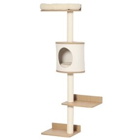 Árbol para gatos de pared 38x30x149 cm de madera beige y roble con cueva, cama y rascadores