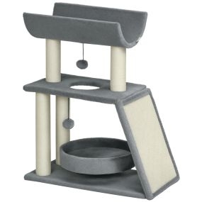 Rascador para gatos árbol 76 cm con 4 postes nido plataforma en U y bolas colgantes gris claro