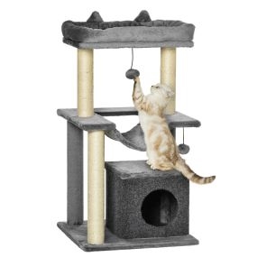 Árbol rascador para gatos 90 cm 3 niveles con nido hamaca plataforma y poste de sisal gris