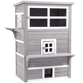 Caseta para gatos de madera exterior 3 pisos con múltiples entradas y 2 plataformas gris 93,5x67x117 cm