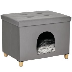 Cueva para gatos 2 en 1 taburete reposapiés con tapa extraíble y cojín lavable gris 60x45x44,5 cm