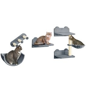 Estante de escalada para gatos de pared 4 piezas con hamaca, nido, rascador y poste de sisal gris