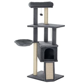 Árbol rascador para gatos 127 cm con cueva, hamaca, cama, plataformas, rampa de sisal y bola colgante gris