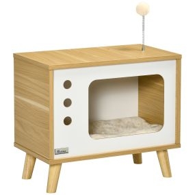 Cama cueva para gatos estilo televisor con cojín lavable y patas elevadas 50x28x43 cm roble