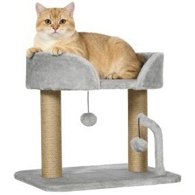 Árbol rascador para gatos pequeños 42 cm con nido, bolas colgantes y postes de sisal gris claro