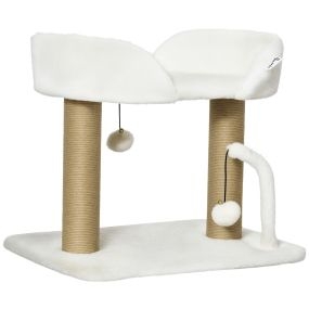 Árbol rascador para gatos pequeños 42 cm con nido, bolas colgantes y postes de sisal blanco