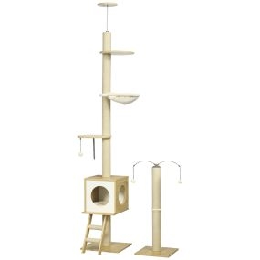 Árbol para gatos de suelo a techo 225-285 cm ajustable con plataformas, hamaca y caseta beige