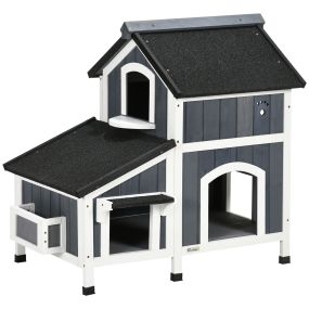 Casa para gatos de madera con macetero 96x65x85,5 cm gris con techo asfáltico y múltiples entradas