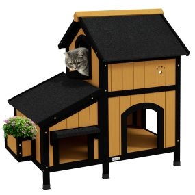 Casa para Gatos de Madera con Macetero 96x65x85,5 cm Caseta para Gatos de 2 Niveles Refugio para Gatos con Techo Asfáltico Ventana y Múltiples Entradas para Interior y Exterior Natural