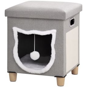 Cama cueva para gatos 2 en 1 tipo reposapiés con cojín extraíble y almohadilla para rascar gris