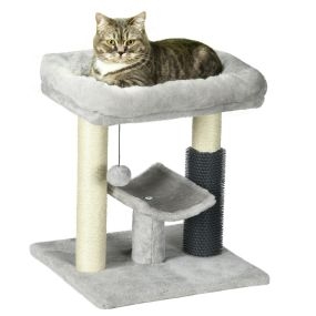 Rascador para gatos con árbol, 48 cm, 2 postes, cama plataforma en U, cepillo bola, gris