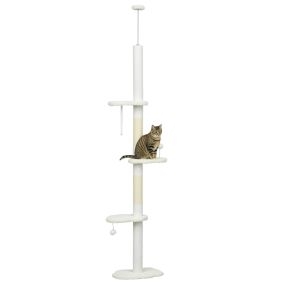 Árbol para Gatos de Suelo a Techo de 225-255 cm Torre para Gatos de Suelo a Techo Ajustable en Altura con 3 Plataforma de Forma de Nube Postes Rascadores y 2 Bolas 48x32x225-255 cm Blanco