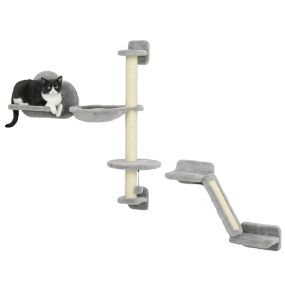 Juego de pared de escalada para gatos de 3 piezas con hamaca, rampa rascador y plataforma nube gris