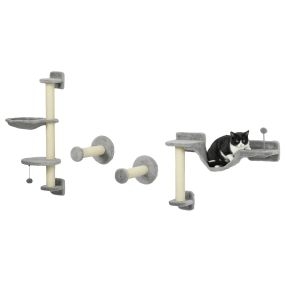 Juego de Estanterías para Gatos de 4 Piezas Rascador de Pared para Gatos con Hamaca Postes Rascadores Escalera Blanda Bola Plataformas para Saltar Gris y Beige