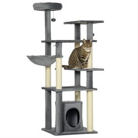 Árbol rascador para gatos 144 cm con 4 formas, cama, cueva, plataformas y hamaca gris